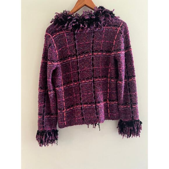 Susan Bristol Afghan Cardigan Jacket Purple Pink Plaid w Fringe Collar Small JL - Picture 5 of 8